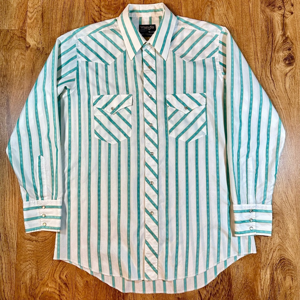 Vintage 90’s Wrangler Western Turquoise Striped Shirt Size Large 16 1/2 x 34